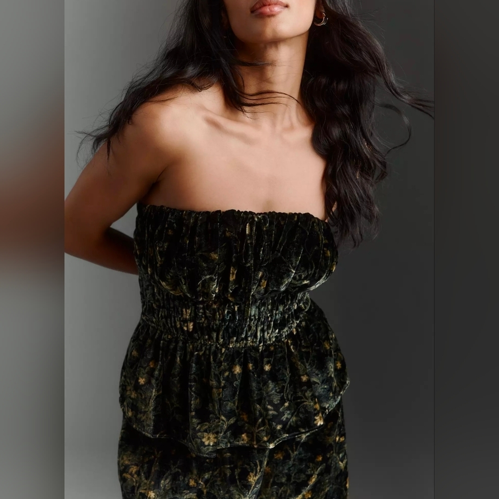 Anthropologie Somerset Green Floral Velvet Strapless Top - Picture 2 of 7